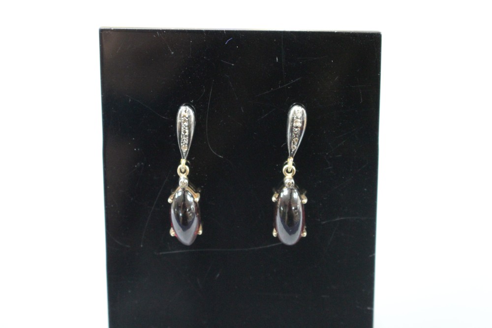 A pair of Victorian style 18k and 925, cabochon garnet and diamond set drop earrings, 31mm, gross weight 5.3 grams.